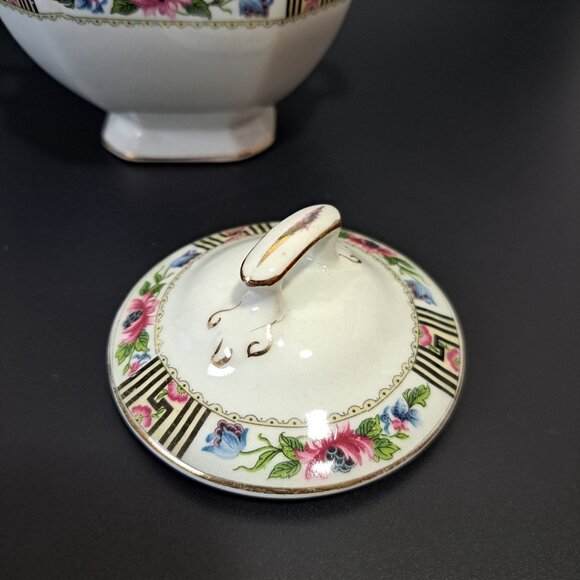 J & G Meakin England SOL Square Covered Sugar Bowl With Gold Trim & Black Pink F - Picture 5 of 16